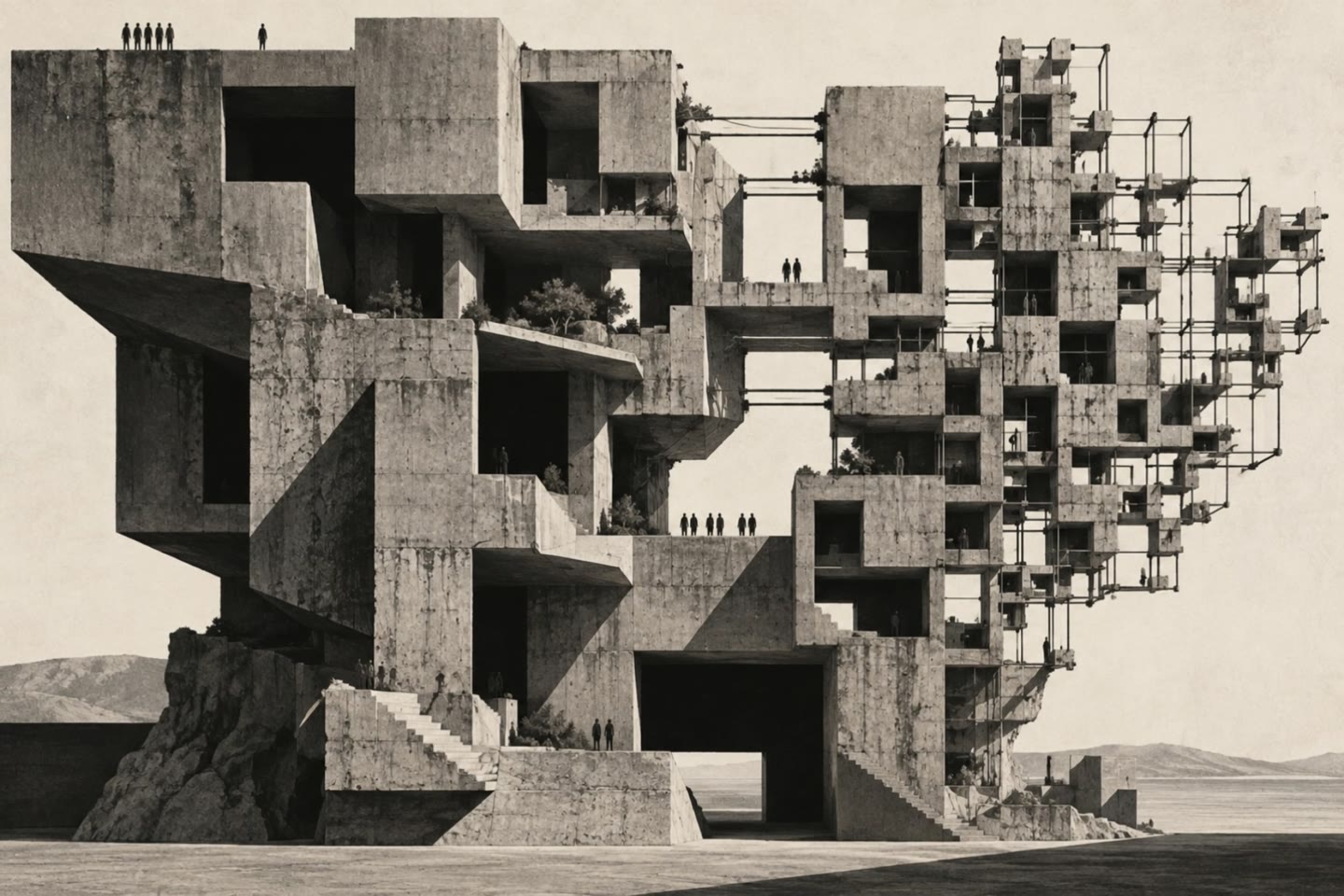 A brutalist megastructure: solid concrete volumes on the left dissolve into an open scaffold of cubes on the right, with small figures on the terraces