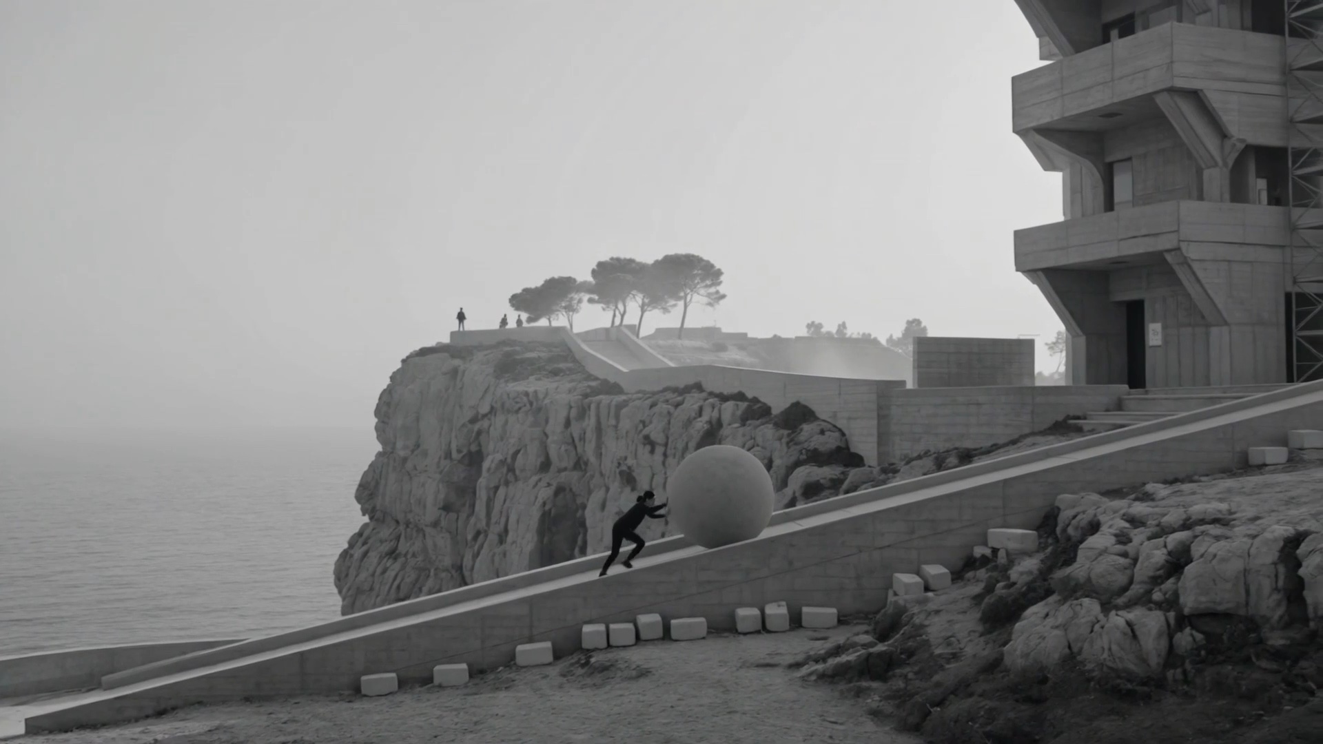 Film still: a third of the way up the climb.